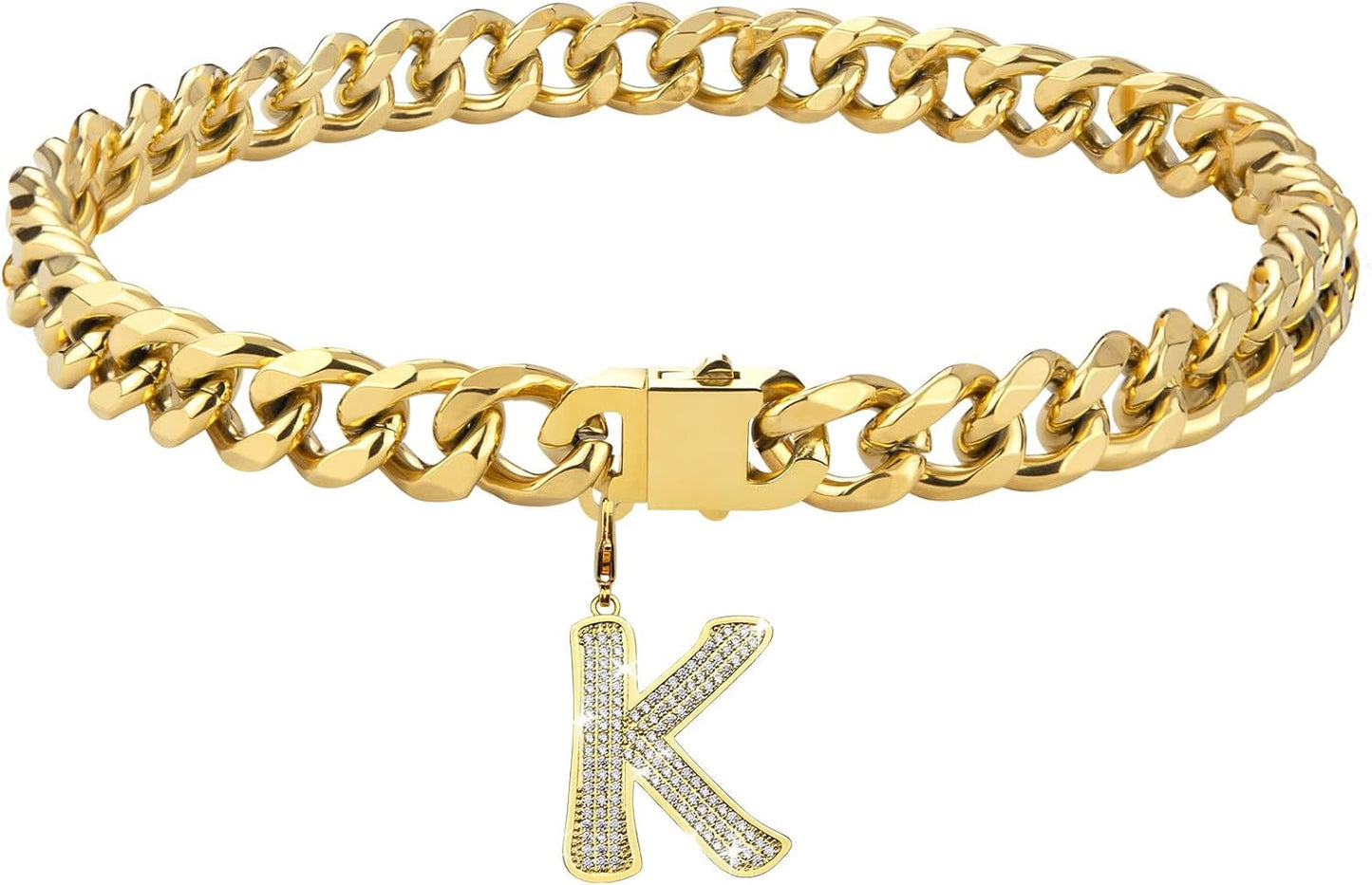 Gold Chain Dog Collar Personalized Letter Dog Necklace with Bling Zircons Metal Cuban Link for Medium and Large Dogs Pets Heavy Duty Chew Proof Letter 16IN&20IN&22IN