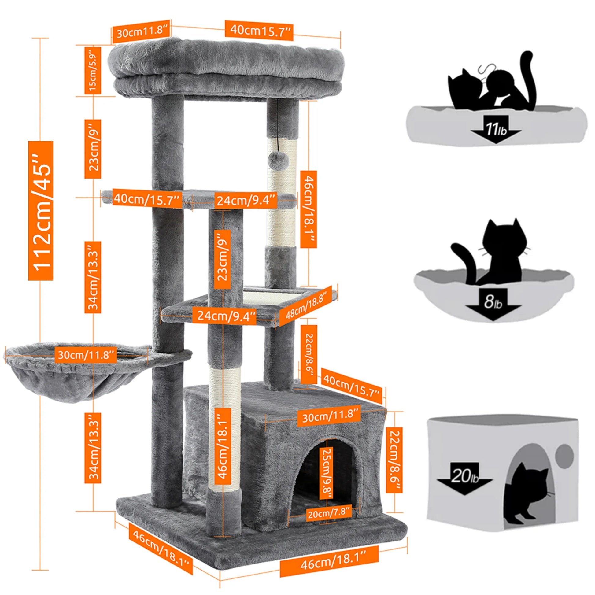 Cat Tree for Indoor Cats, 45Inches Multi-Level Cat Tower with Sisal Covered Scratching Posts, Spacious Condo, Cozy Hammock and Plush Top Perch