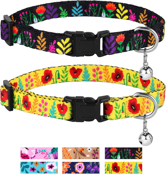 Cat Collar with Bell Floral Pattern 2 Pack Set Flower Adjustable Safety Breakaway Collars for Cats Kitten