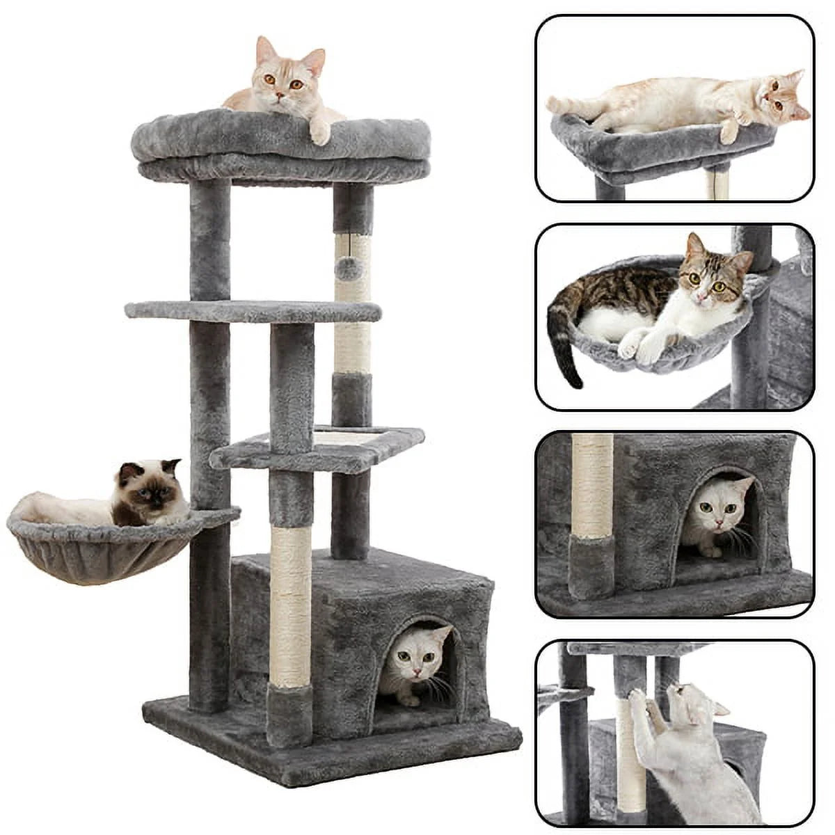 Cat Tree for Indoor Cats, 45Inches Multi-Level Cat Tower with Sisal Covered Scratching Posts, Spacious Condo, Cozy Hammock and Plush Top Perch