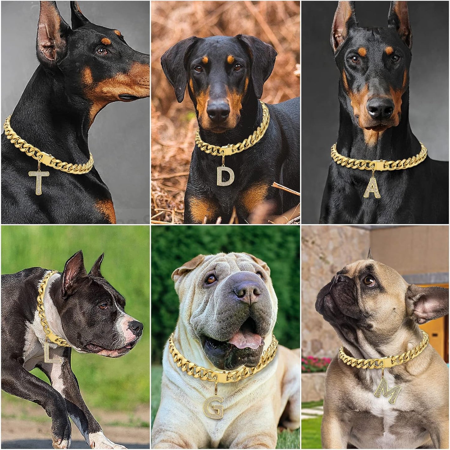 Gold Chain Dog Collar Personalized Letter Dog Necklace with Bling Zircons Metal Cuban Link for Medium and Large Dogs Pets Heavy Duty Chew Proof Letter 16IN&20IN&22IN