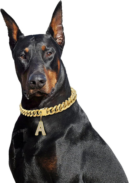 Gold Chain Dog Collar Personalized Letter Dog Necklace with Bling Zircons Metal Cuban Link for Medium and Large Dogs Pets Heavy Duty Chew Proof Letter 16IN&20IN&22IN