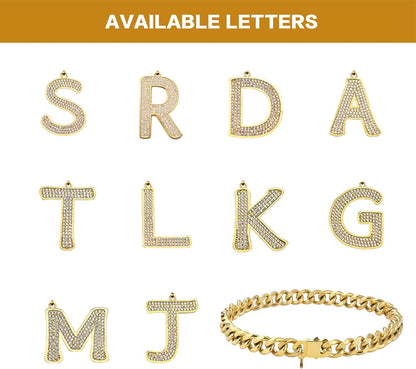 Gold Chain Dog Collar Personalized Letter Dog Necklace with Bling Zircons Metal Cuban Link for Medium and Large Dogs Pets Heavy Duty Chew Proof Letter 16IN&20IN&22IN